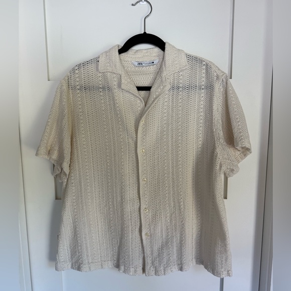 Zara Tops - Zara‎ Beige Short Sleeve Button-Up Knit Shirt